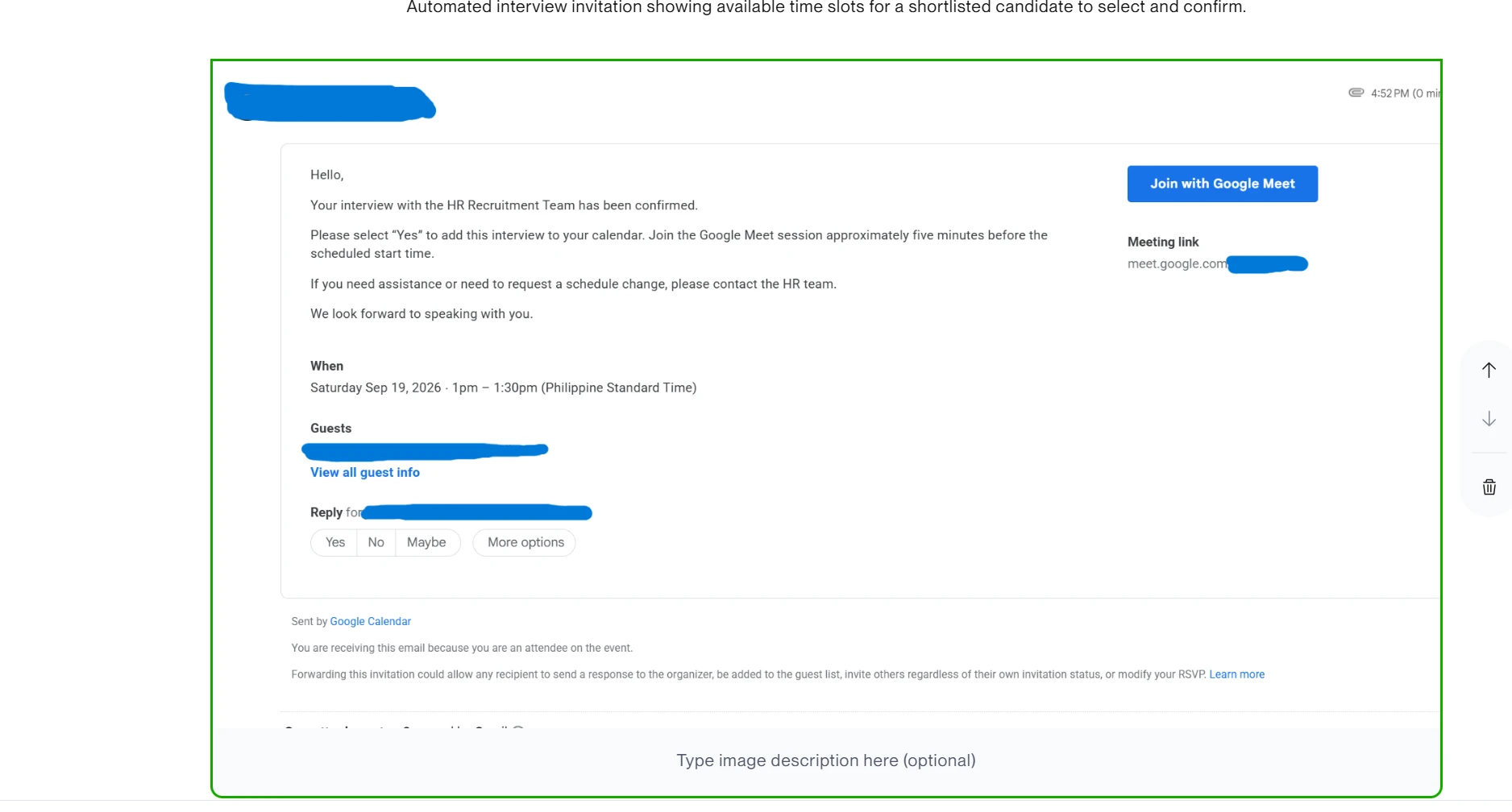 Redacted Google Calendar invitation with confirmed interview time, Google Meet access, and RSVP controls.