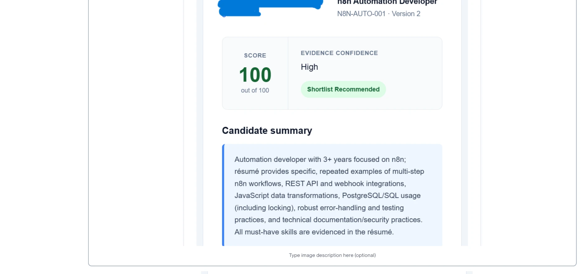 Sample candidate report with an advisory score, evidence confidence, shortlist recommendation, and résumé summary.