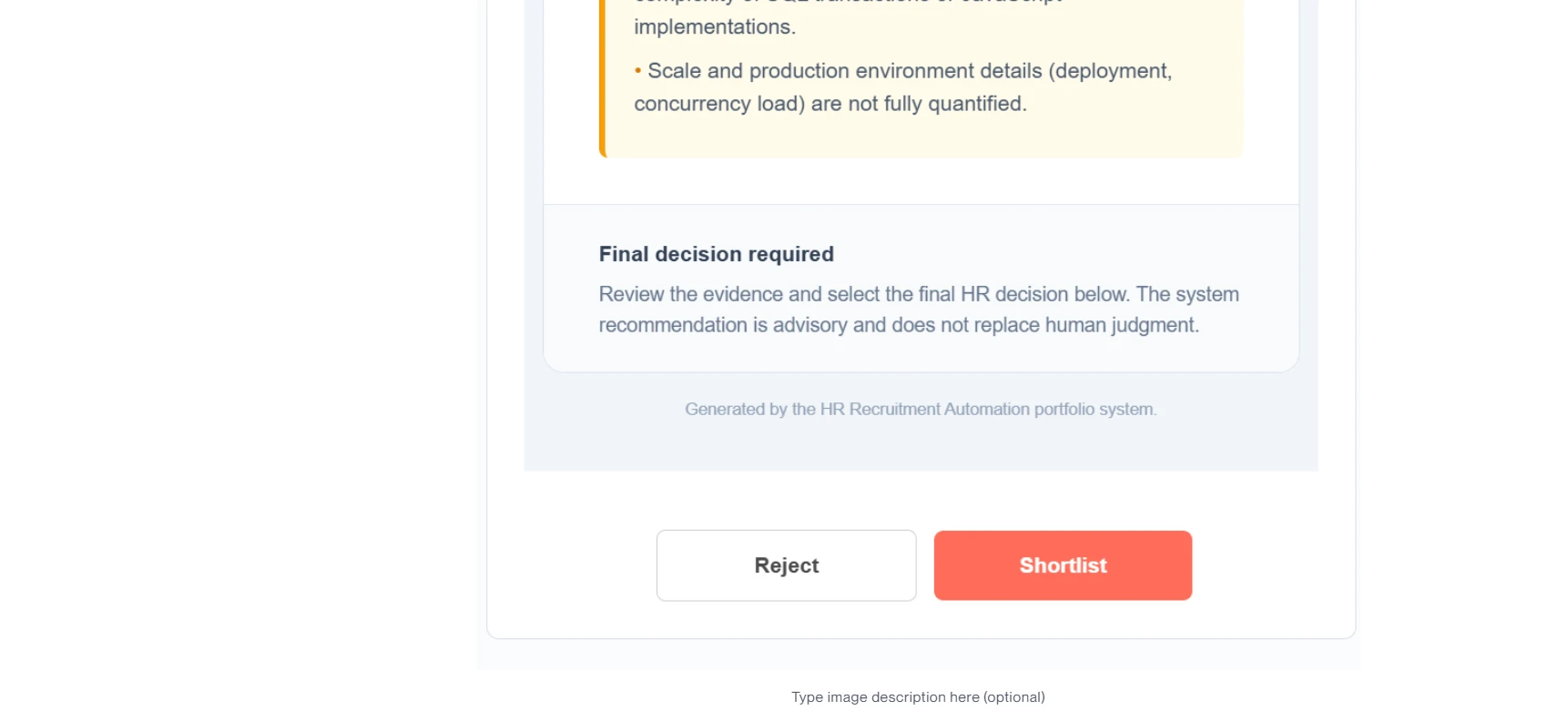 Final HR review notice stating that the recommendation is advisory, with Reject and Shortlist buttons.