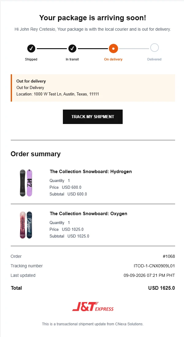 Test out-for-delivery email for the same order 1068, with an updated shipment progress indicator and sample location.
