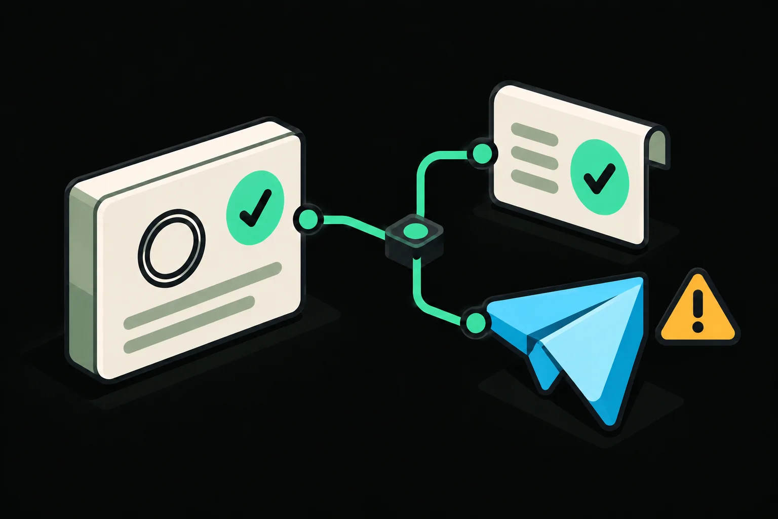 Cartoon workflow concept: a ring-size confirmation branches into a checked acknowledgment receipt and a cyan Telegram paper plane with an amber priority alert.