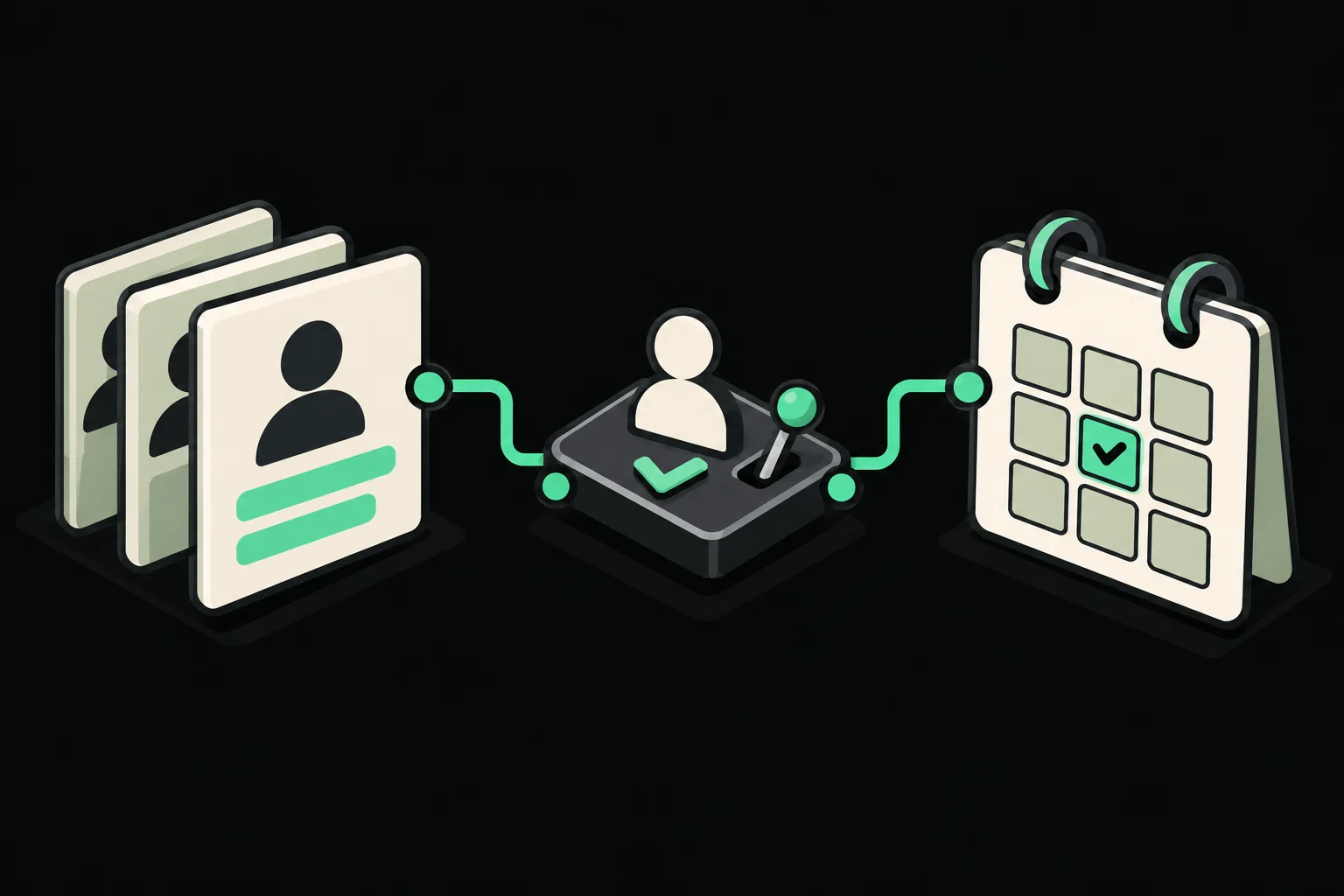 Cartoon workflow concept: anonymous application cards connect through a human approval station to a calendar with one reserved interview slot.