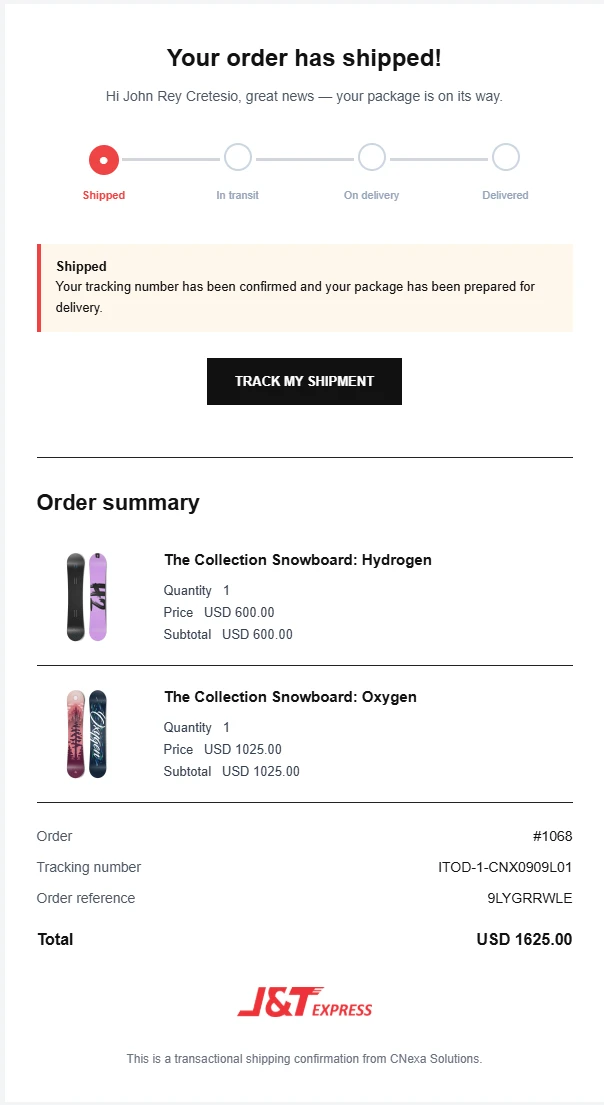 Test shipment confirmation email for order 1068, with a shipped status, tracking button, two sample products, and an order summary.