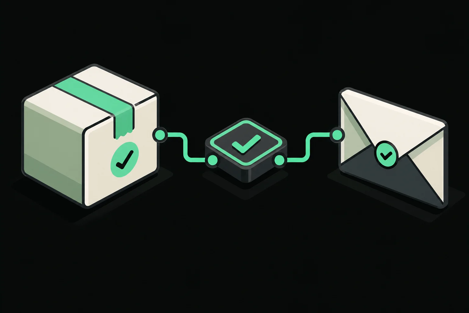 Cartoon workflow concept: a checked parcel connects through a tracking checkpoint to a customer envelope along a mint-green signal path.