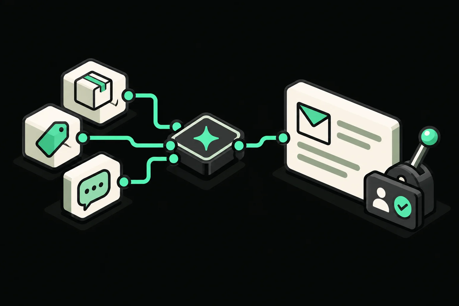 Cartoon workflow concept: order, product, and conversation context feed an AI draft connected to a manual human approval gate.